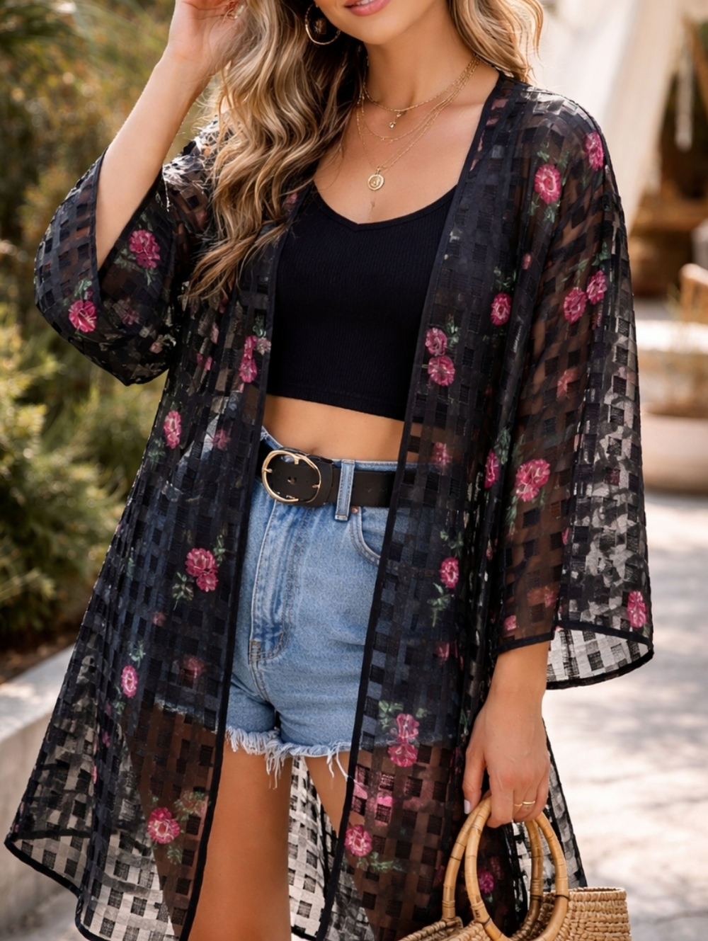 Versailles Sheer Black Floral Kimono | Grid Mesh Open Front Duster Boho Layering